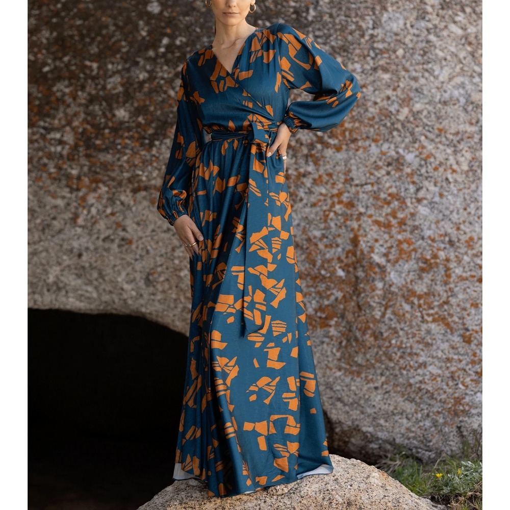 DIARRABLU Marieme Long Sleeve Wrap Maxi Dress in‎ Gyraf Blue
